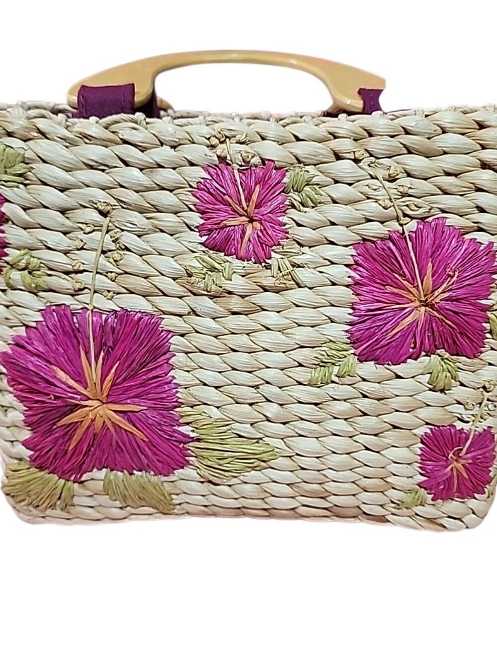 Faded Glory Vintage Woven Straw Floral Tote Bag With Wood Handles - Picture 2 of 10